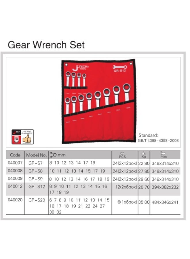 jetechtool مجموعة مفاتيح جيتك 12 قطعة، مجموعة مفاتيح رافعة مركبة، 72 سنًا، فولاذ كروم فانيوم مطروق ومعالج حراري، مقاييس متريه تشمل الأحجام من 8 مم إلى 19 مم مع حقيبة قماشية - GR-S12 - Image 2